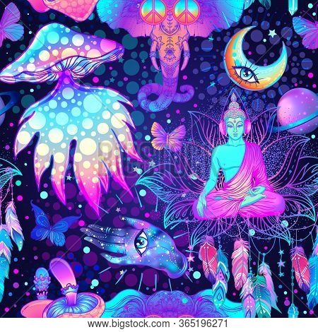 Psychedelic Seamless Pattern: Trippy Mushrooms, Peace Sign, Acid Buddha, Butterflies, All-seeing Eye