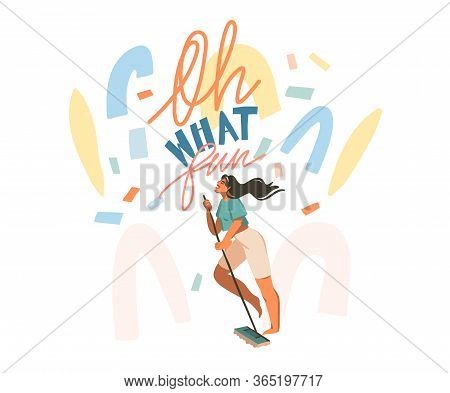 Hand Drawn Vector Abstract Stock Graphic Illustration With Young Happy Female Mop The Floor And Sing