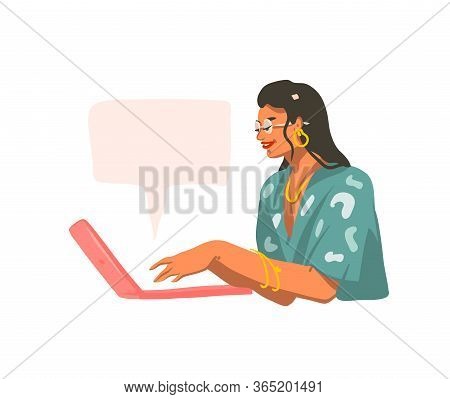 Hand Drawn Vector Abstract Stock Graphic Illustration With Young Smiling Female Working On Laptop Co