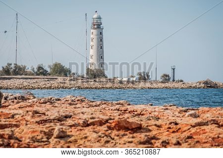 Chersonesskiy Lighthouse, Sevastopol, Crimea. On Cloudy Weather Day