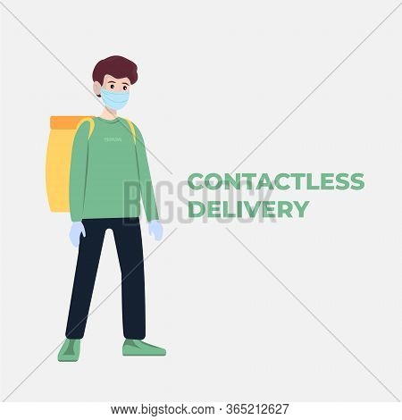 Contactless Delivery Concept Illustration. Courier Man In Protective Masks And Food Bag With Safe Di