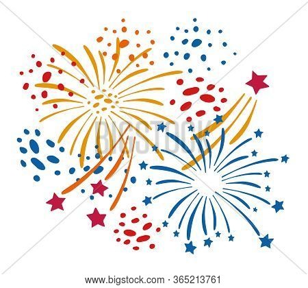 Composition With Different Cartoon Fireworks. Hand Drawn Vector Sketch Illustration