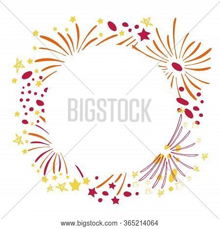 Round Frame With Fireworks. Hand Drawn Vector Sketch Colorful Illustration