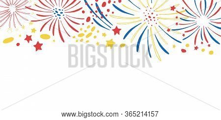 Cartoon Fireworks On The Top Of The Page. Hand Drawn Vector Sketch Illustration
