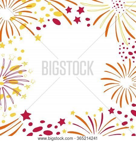 Rectangular Frame Design Template With Fireworks. Hand Drawn Vector Sketch Illustration