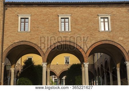Historic Aurelio Saffi Square In Forli, Emilia Romagna, Italy: External Cloister Of San Mercuriale