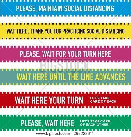 Please, Wait Here. Set Of Floor Bands To Maintain Social Distance In Stores And Shops. Commercial Fl