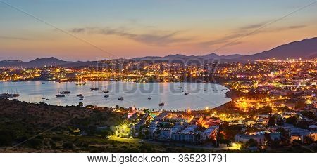 Bodrum Night Cityscape. Panoramic View Over The Bay In Bodrum, Turkey