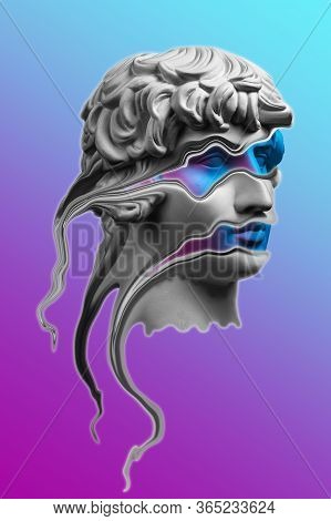 Collage With Plaster Antique Sculpture Of Human Face In A Pop Art Style. Creative Concept Colorful N