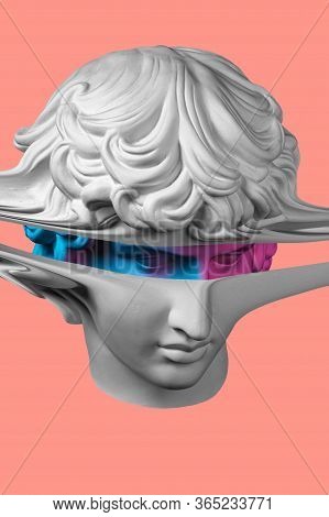 Collage With Plaster Antique Sculpture Of Human Face In A Pop Art Style. Creative Concept Colorful N