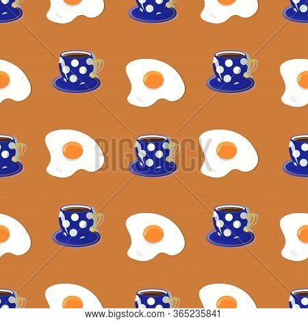 Seamless Pattern With Scrumbled Eggs And Elegant Tea Cup Decorated With Polka Dots. Vector Design.