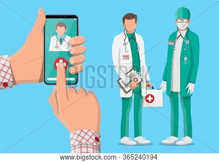 Mobile Phone With Telemedicine App. Pills And Bottles, Medicine Online. Medical Assistance, Help, Su