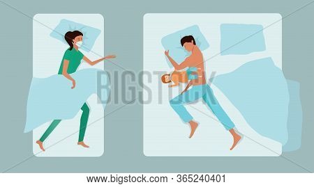 A Young Family Sleeps Separately In Different Beds. Father With Daughter On Parental Bed, Mother - D