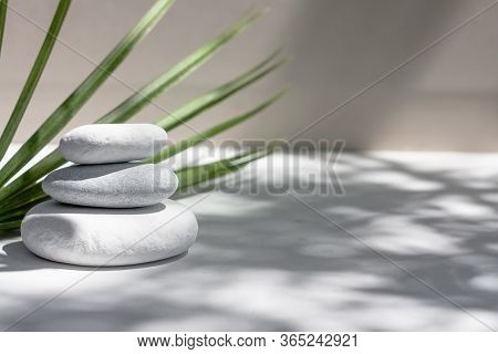 Three Grey Roundstones, And Green Leaves On White Background. Spa Stones, Zen Like Concept.