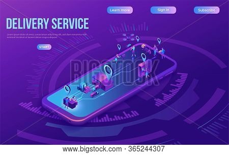 Isometric Delivery Service With Truck At Warehouse, Smart Logistics Company Illustration, Smartphone