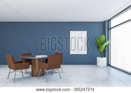 Interior Of Minimalistic Home Library With Blue Walls, Concrete Floor, Round Table With Book On It, 