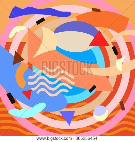 Summer Theme Background. Colorful Abstract Shapes And Geometric Elements In Memphis Style Fof Cards,