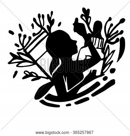 Black Silhouette Girl With Cosmetics And Vegetation Flat Vector Illustration On White Background