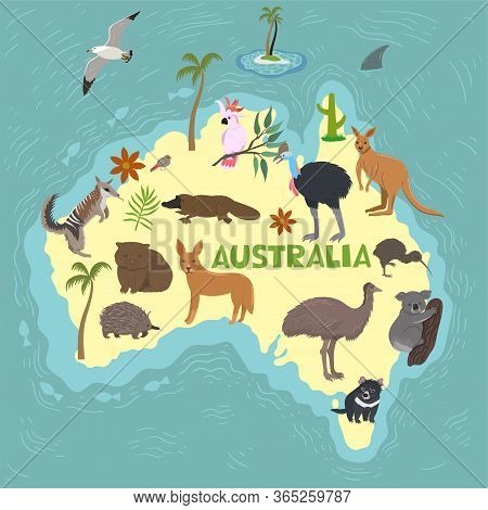 Australia And Australian Animals. Inscription Australia. Vector Image.