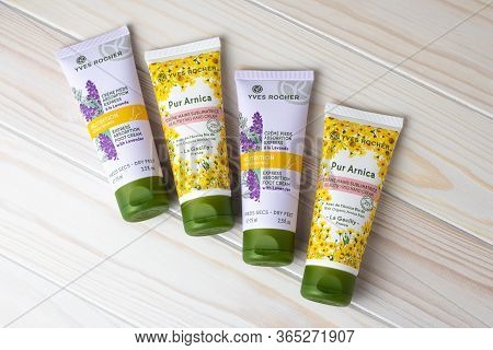 Kharkov, Ukraine, May 6, 2020: Foot Cream And Hand Cream In Tubes On White Wooden Board. Yves Rocher