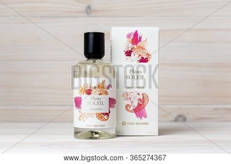 Kharkiv, Ukraine, May 6, 2020: Eau De Parfum Plein Soleil. Yves Rocher Store, Perfume Spray On White
