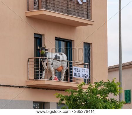 Campos, Balearic Islands/spain; May/08/2020: Balcony Of A Building With A Plastic Cow With The Drawi