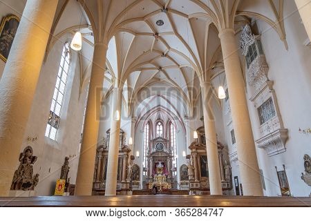 Feb 5, 2020 - Berchtesgaden, Germany: Nave View Over Pews Of Stiftskirche St. Peter Und Johannes Der