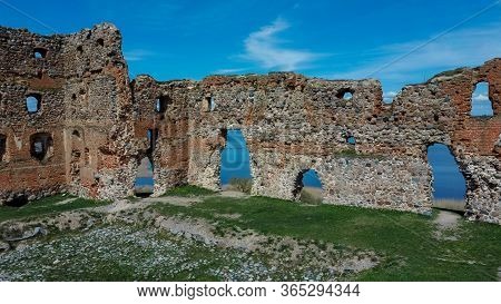 Aerial View Of The Ludza Medieval Castle Ruins On A Hill Between Big Ludza Lake And Small Ludza Lake