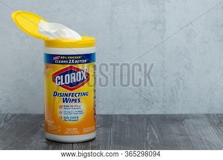 Houston, Tx - May 6, 2020: A Closeup Of An Isolated New Package Of Clorox Disinfecting Wipes On A Wo