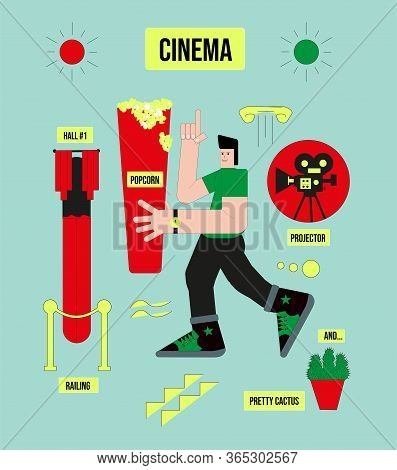 Cinema And Movie Theater Attributes. A Boy With A Haircut In A Green Sweater And Sneakers, With Popc