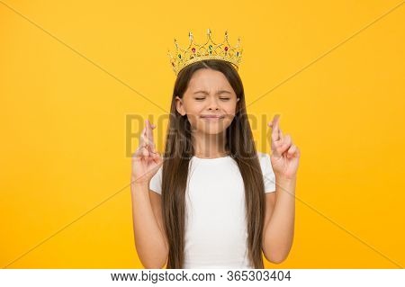 Make A Wish. Dreams Come True. Symbol Of Bright Future. Small Child Winner. Girl Is Proud If Herself