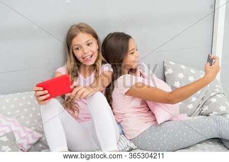 But First Let Me Take A Selfie. Selfie Girls In Pajamas. Small Children Take Selfie With Smartphone.