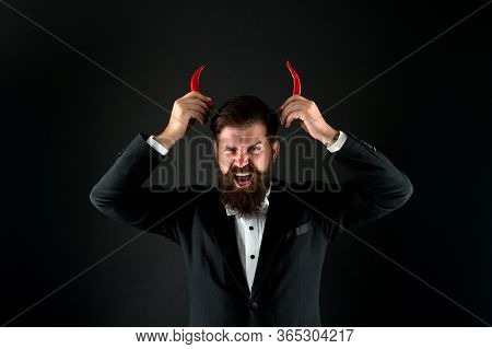 His True Essence. He Is Devil In Business. Businessman Has Red Pepper Horn. Barbershop Hell Concept.