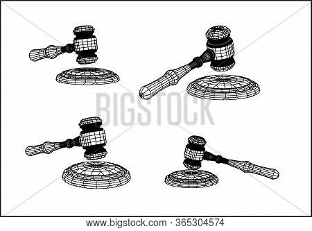 Abstract Grid Of Judgle Gavel. 3d Mesh Technology Cyber Illustration. Hammer Set Futuristic Style. V