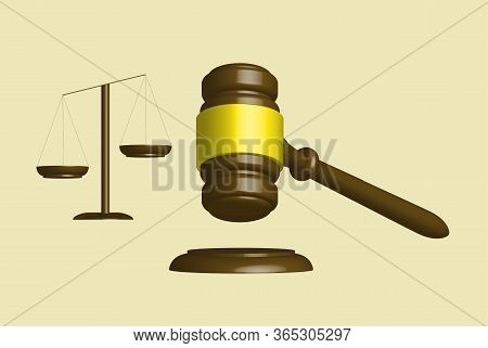 Judges Gavel And Scales Of Brown Wood In 3d.