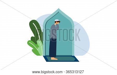 Muslim Man Practicing Shalat, Islamic Prayer Shalat Illustration