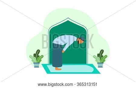 Muslim Man Practicing Shalat, Islamic Prayer Shalat Illustration