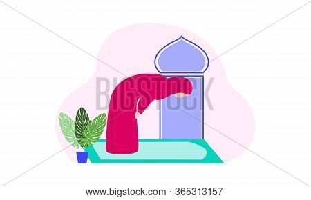 Muslim Woman Practicing Shalat, Islamic Prayer Shalat Illustration