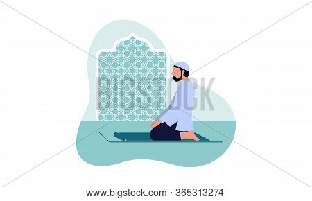 Muslim Man Practicing Shalat, Islamic Prayer Shalat Illustration