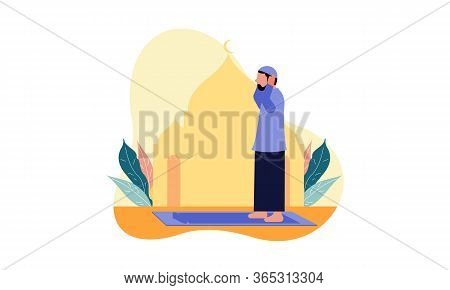 Muslim Man Practicing Shalat, Islamic Prayer Shalat Illustration