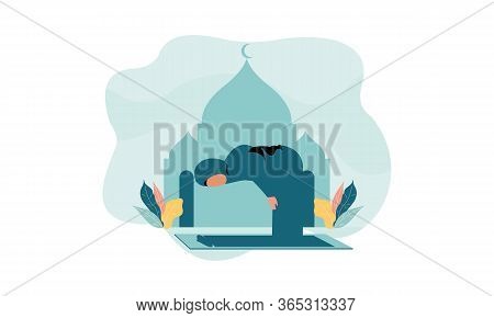 Muslim Woman Practicing Shalat, Islamic Prayer Shalat Illustration