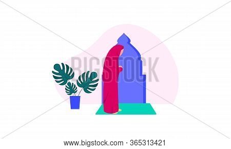 Muslim Woman Practicing Shalat, Islamic Prayer Shalat Illustration
