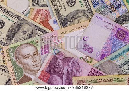Multicurrency Background Of Us Dollars, Russian Rubles, Belarusian Rubles, Egyptian Pounds And Ukrai