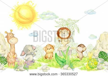 Cute Tropical Animals, In Cartoon Style. Giraffe, Lion Cub, Leopard, Elephant, Monkey, Turtle, Water