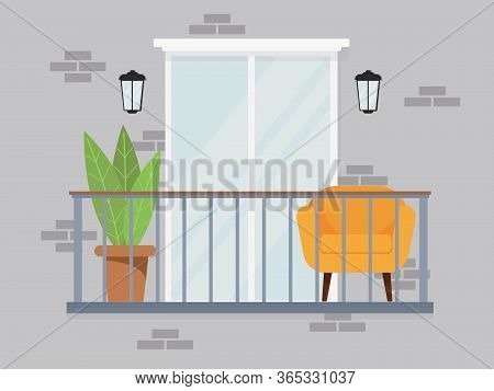 Bright Comfortable Cozy Balcony Interior In Gray Pastel Colors On A Gray Background Of Peoples Troub