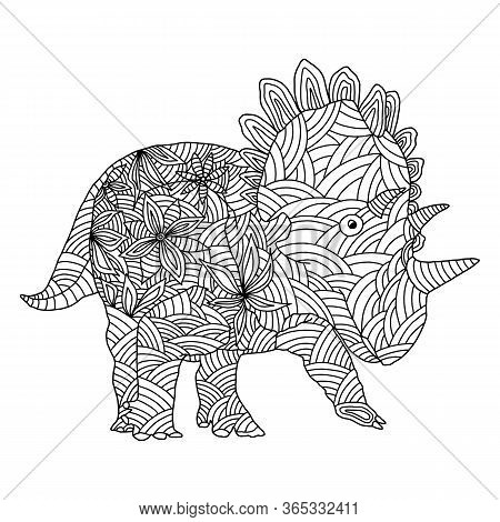 Stylized Herbivore Dinosaur Coloring Page On An Isolated White Background. Anitstress And Developmen