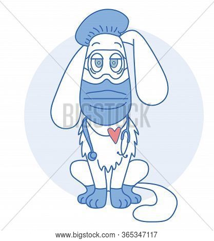 White Dog Doctor In Medical Clothes And Protection - Mask, Gloves, Glasses, Hat And Endoscope On A B