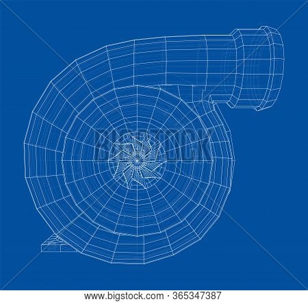 Automobile Turbocharger Concept Outline. Vector Rendering Of 3d. Wire-frame Style. The Layers Of Vis
