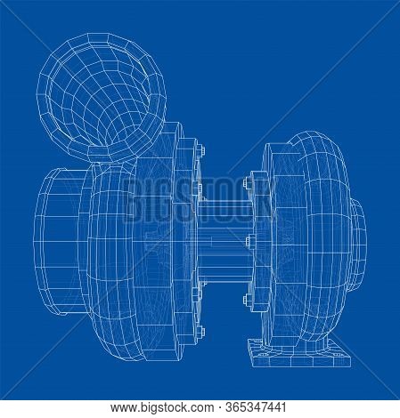 Automobile Turbocharger Concept Outline. Vector Rendering Of 3d. Wire-frame Style. The Layers Of Vis