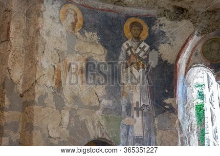 Demre, Antalya, Turkey - June 03, 2019: Colorful Frescoes In The Church Of St. Nicholas The Wonderwo